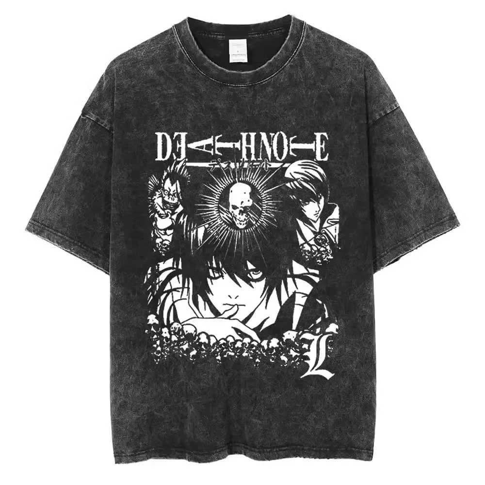 Death Note Wash Black Cotton T-shirt Misa Lawliet Summer Cotton High Quality Round Neck Mens and Womens Graphic T-shirt W250402