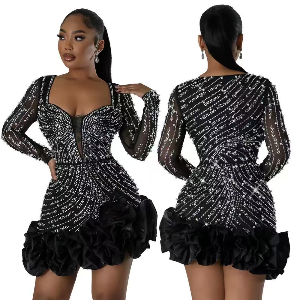 Casual Dresses Zoctuo Black Christmas Dress Women Shiny Long Sleeve Mesh Patchwork Rhinestones Bodycon Mini Elegant Party Prom Vestidos