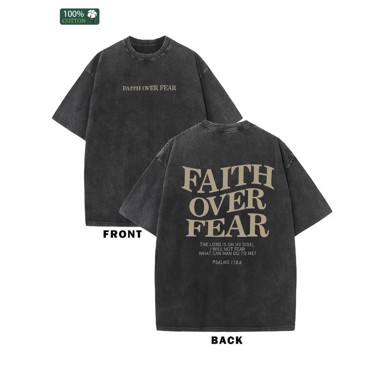 FAITH OVER FEAR Mens Cotton Solid Drop Shoulder Vintage Street Wear Basic Tees Baggy Hip Hop Unisex Tops Acid Wash T-Shirt X250403