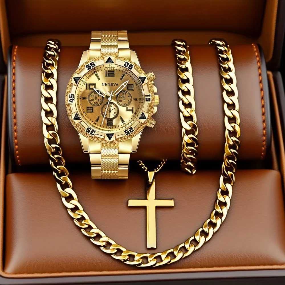 4pcs/set Mens Watches Fashion Arabic Dial Steel Band Quartz Watch SetW251104