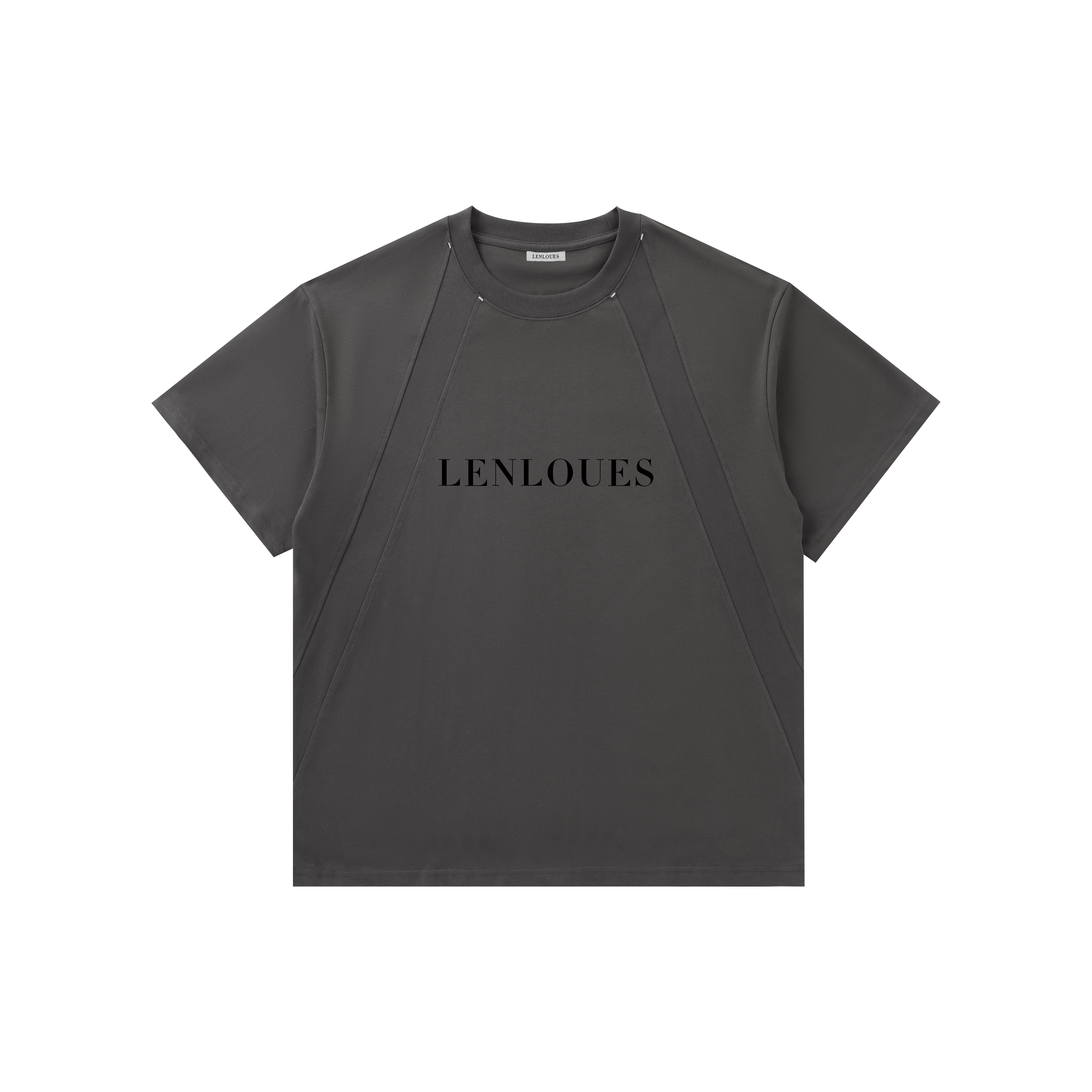 LENLOUES Unisex Oversized Short Sleeve T-Shirt | Dark Gray Structured Panel Crew Neck Tee, Streetwear Brand Logo Casual Top for Men Women LNS-1021