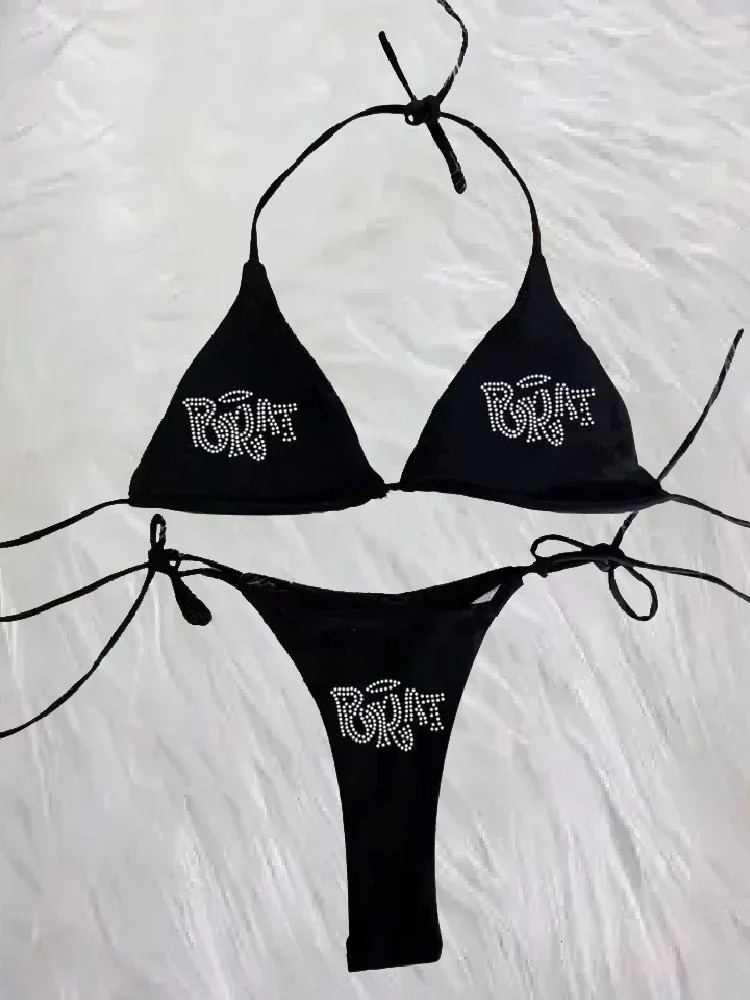 Woman Punk Beach Swimwear gothic clothes BRAT Rhinestone printing Grunge Swimsuit Bikini Y2K Bathing Suits Lace Up 250403