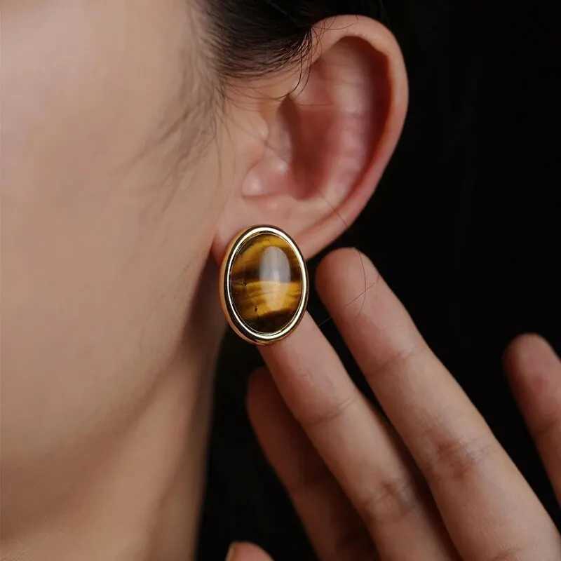Natural Tiger Eye Stone Stud Earrings Retro Classic Geometric Round Ear Studs Buckle For Women Girls Ear Jewelry Party Gift C251103