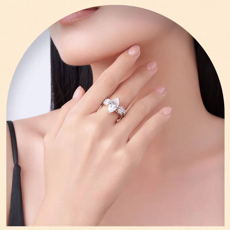 Custom Sterling Silver Marquise Moissanite Gemstone Rings Double Weddings Rings Wholesale Fashion Jewelry Luxury Women Ring