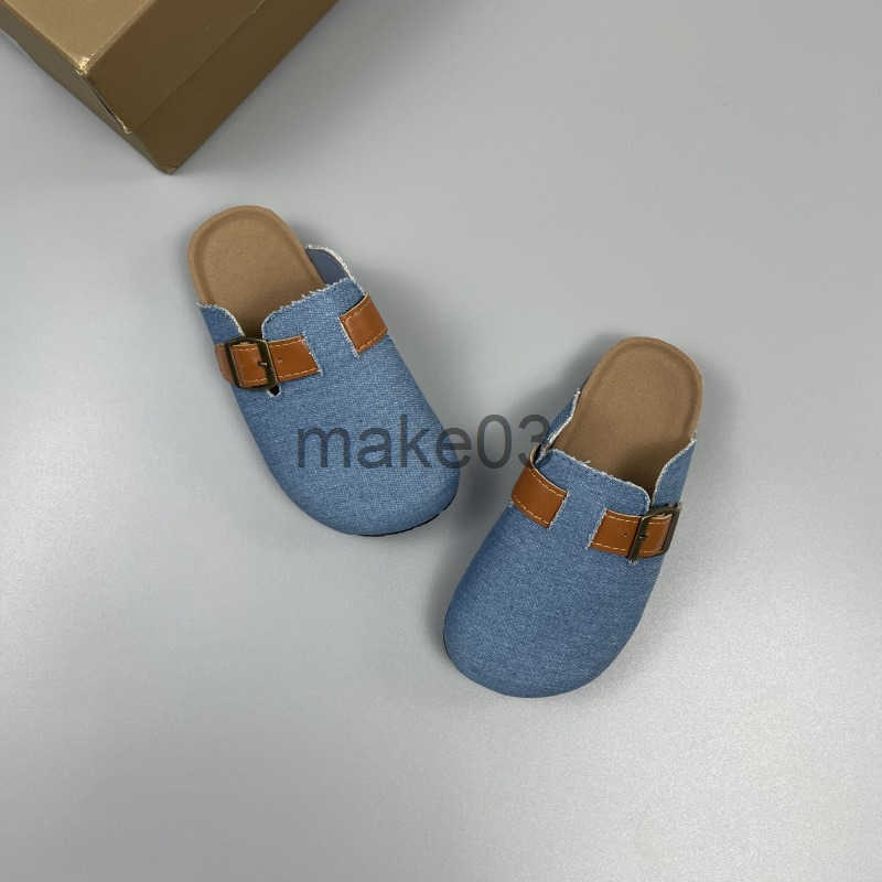 Girls half slippers for wearing outside Haken shoes denim belt buckle spring and summer new style soft soled childrens toe cap mop J250403