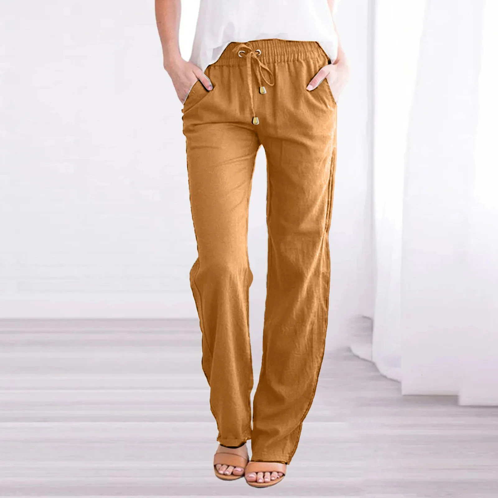 Solid Color Spring/Summer Womens Cotton Linen Drawstring Loose Wide Leg Pocket Pants Selling Pants 250402