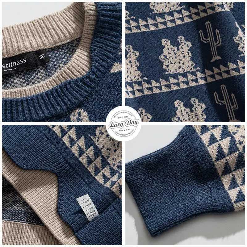 2023 New Autumn and Winter Retro Art Round Neck Printed Loose Leisure Fashion Versatile Thick Warm Knitted Pullover SweaterT251103