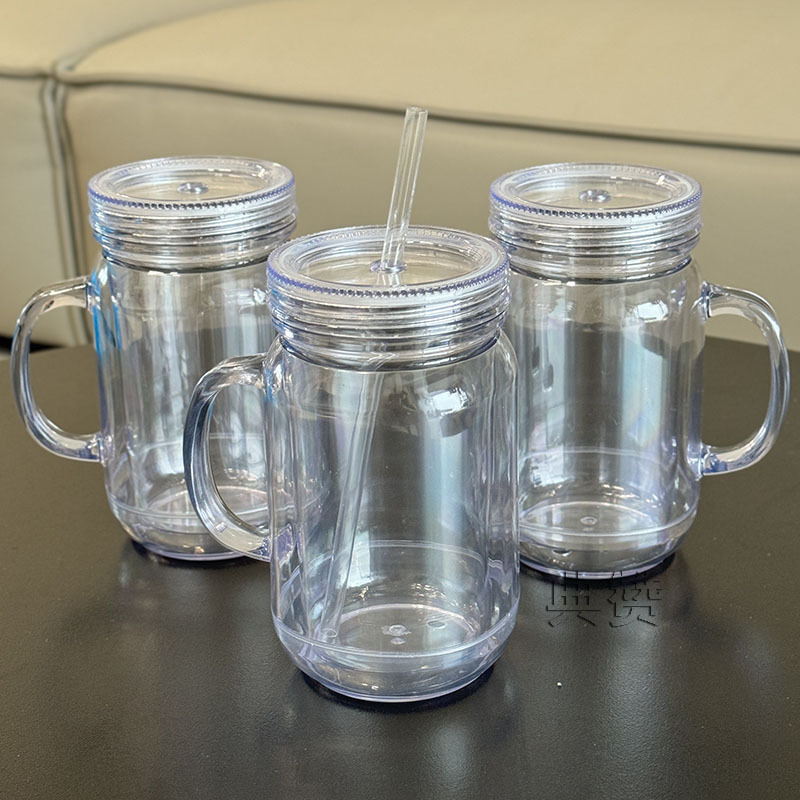20oz snow globe plastic mason jar double walls acrylic cups with handle colored lids straw beverage food cans mugs AS plastic DIY tumbler