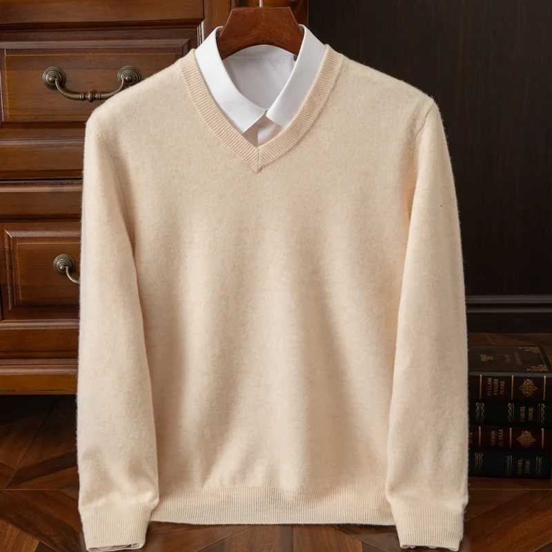 2025 Mens 100 Merino Wool Cashmere V-neck Sweater Pullover Smart Casual Basic Long Sleeve Knitwear Clothes Tops Autumn WinterT251103