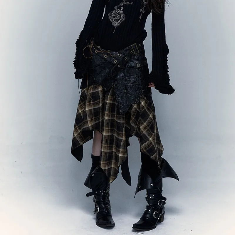 Karrcat Grunge Aesthetics Irregular Skirt Japanese Y2k Vintage Plaid Skirt Punk Patchwork Chic Skirt Gothic Harajuku250403