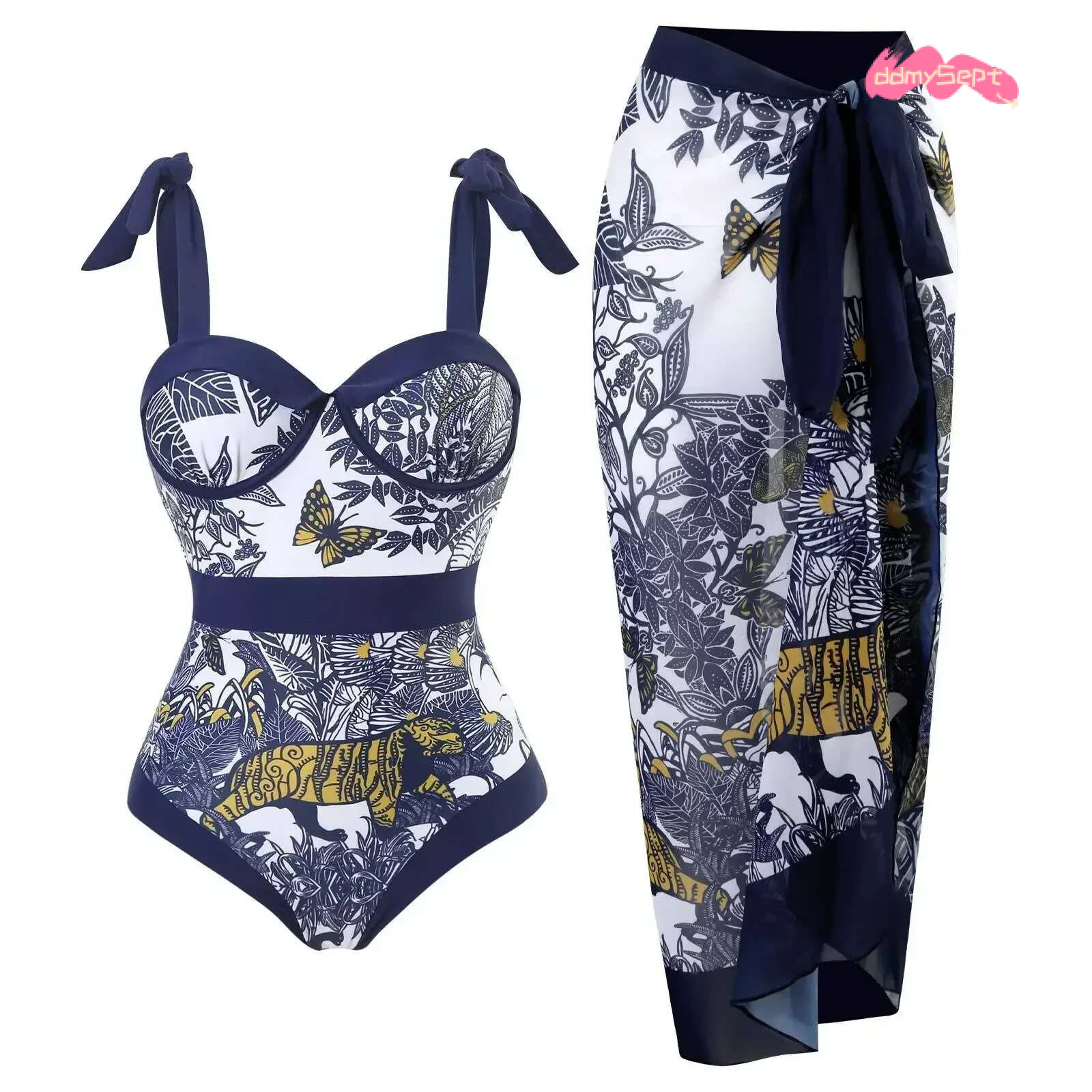 One Piece Swimsuit Bikini with Skirt Swimwear Summer Women Bowknot Cover Up 2025 New Elegant Brazilian Beach Bathing Suit ddmySept