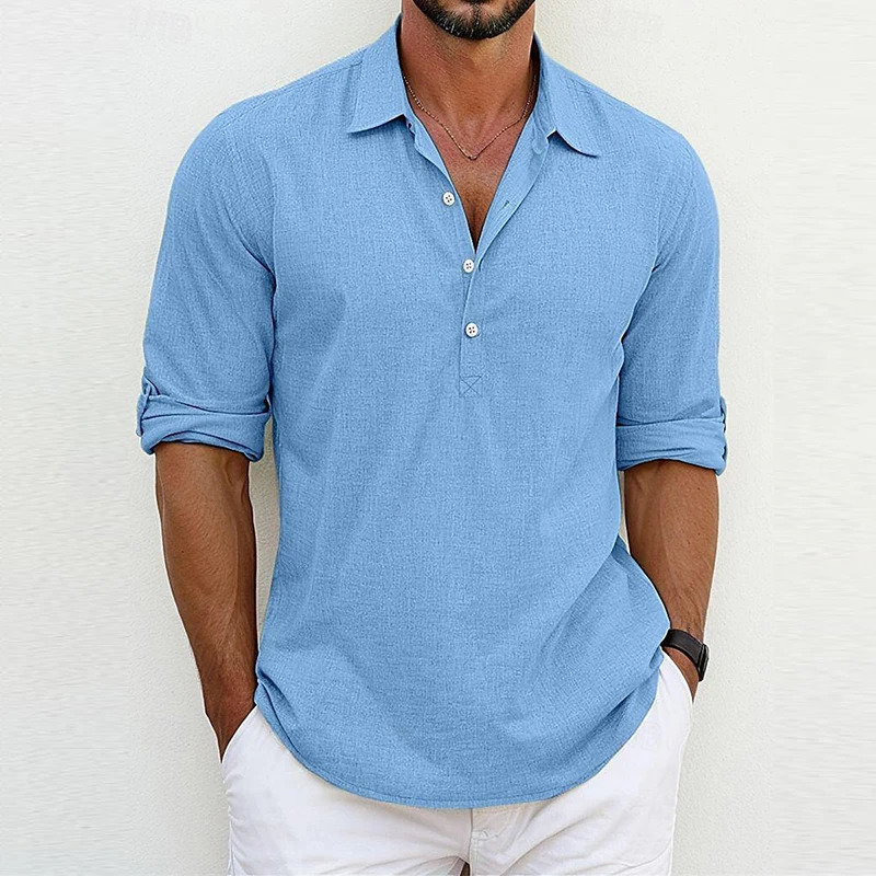 Casual loose cotton linen polo shirt for men summer long sleeved button up collar top fashionable and simple solid color Tshirt 250325