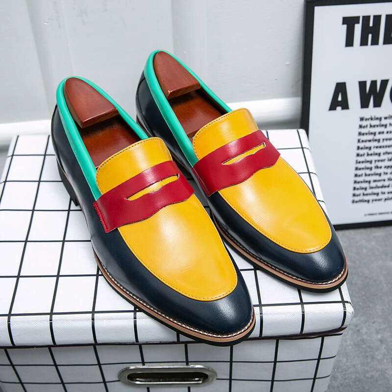 Men's oversized new fashionable business casual leather trendy color blocking shoes, one step youth loafers