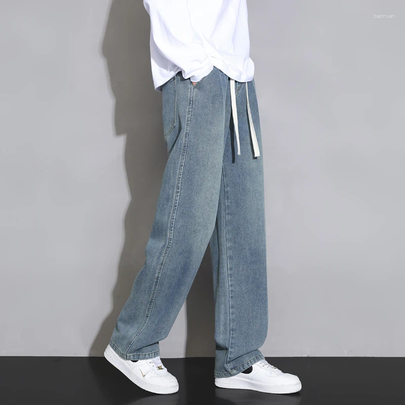 Men's Jeans Men Wide Legs Cotton Jean Pants 2025 Spring Trendy Drawstring Loose Demins Trouser Youth Straight Full-Length Cargo