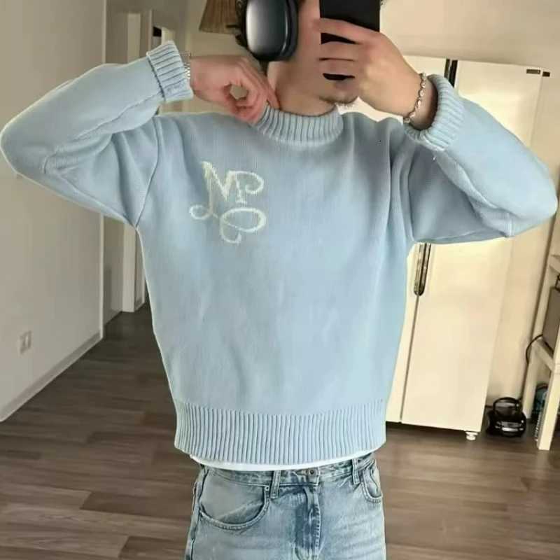 Y2K Sky Blue Long Sleeve Sweater Signature M Symbol Pattern Sweater Trendy Vintage Autumn Winter Unisex Oversized ClothingT251103