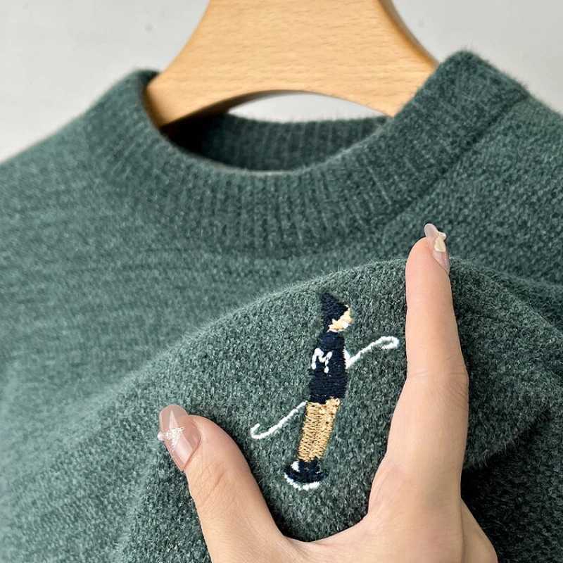 Premium Luxury 2024 Autumn/Winter Round Neck Solid Color Exquisite Embroidery Mens Sweater Casual Warm Thick Knitted SweaterT251103