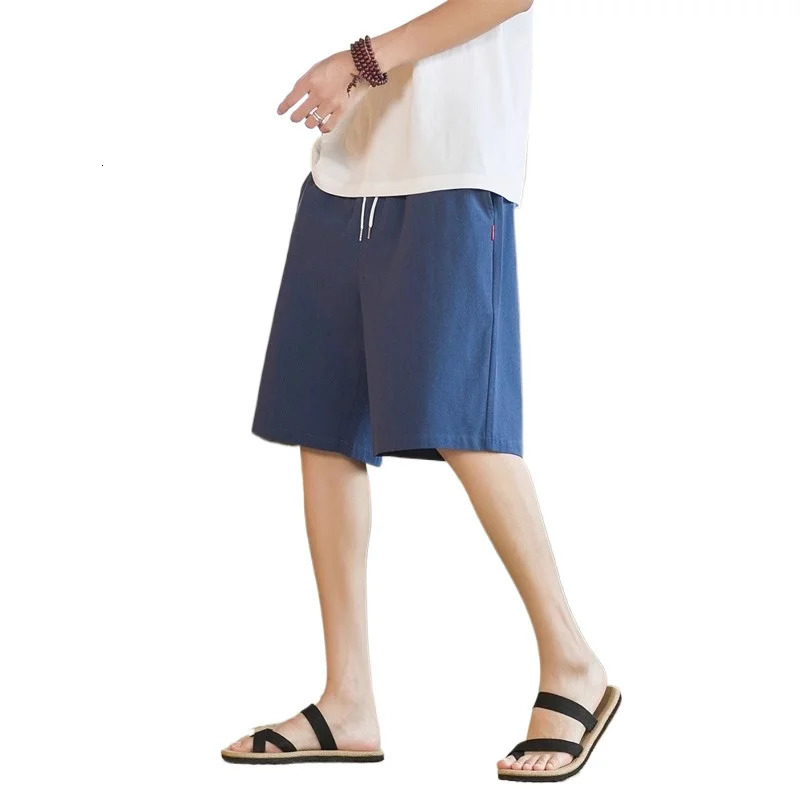 Summer mens cotton casual slim fit drawstring elastic waist shorts breathable solid color lightweight sports pants 250403e