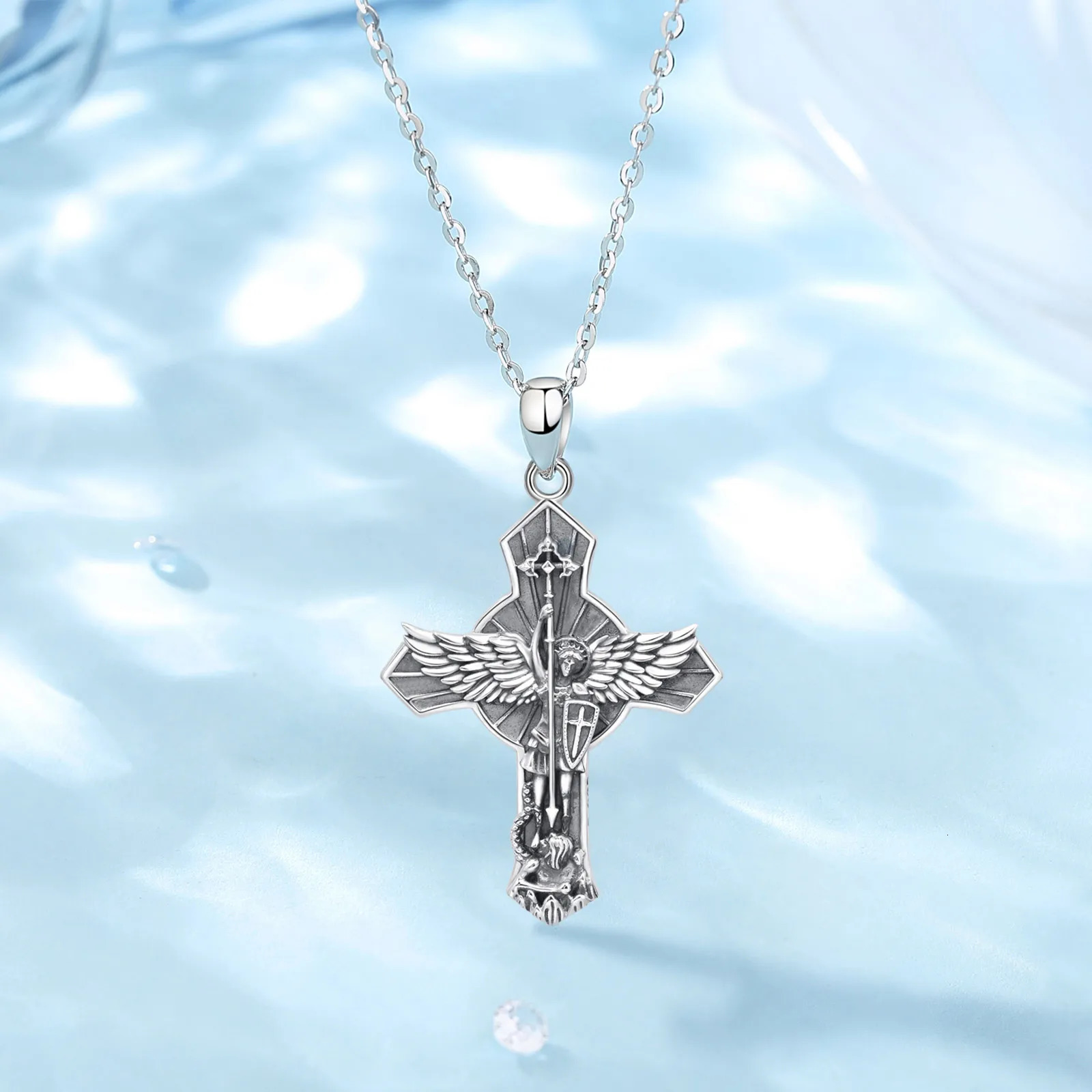 Eudora 925 Sterling Silver St. Michael Archangel Necklace Cross Vintage Wing Pendant Religious Jewelry Gift to Men Women 250402