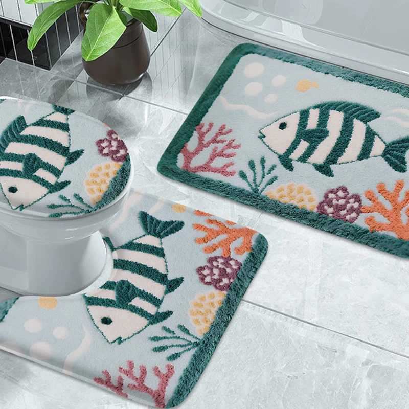 3pcs ocean cartoon pattern bathroom floor mat U-shaped toilet lid mat laundry room anti slip mat home flannel carpet door mat C251103