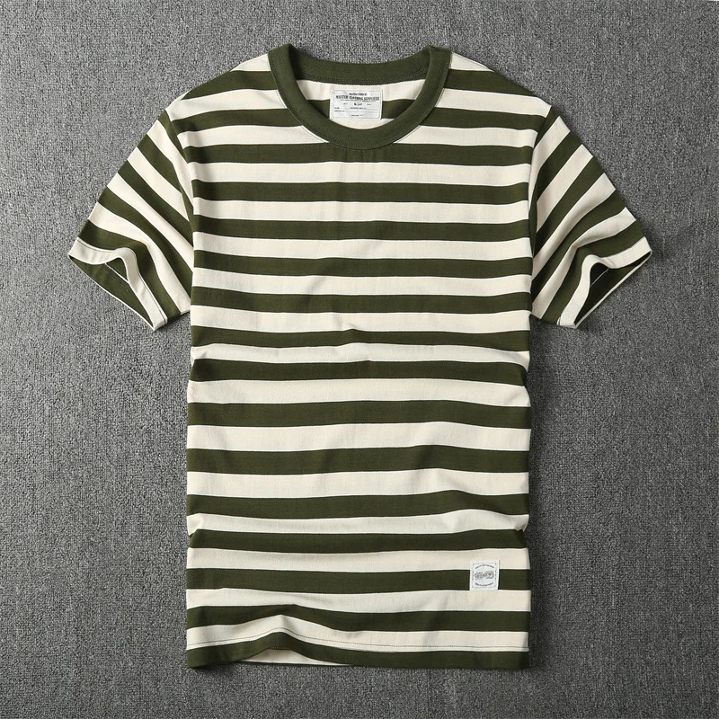 Summer American retro short sleeved O-neck navy blue striped T-shirt for men fashionable and simple 100% pure cotton wash casual sports top 250402