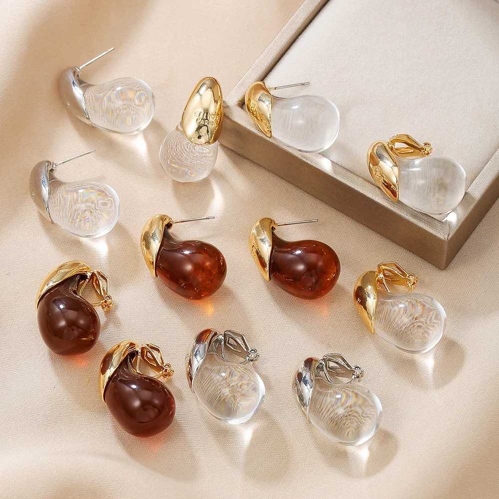 Newly arrived vintage resin tears clipped onto womens earrings metal splicing fashionable luxury earrings charming jewelry gifts banquet Y250401