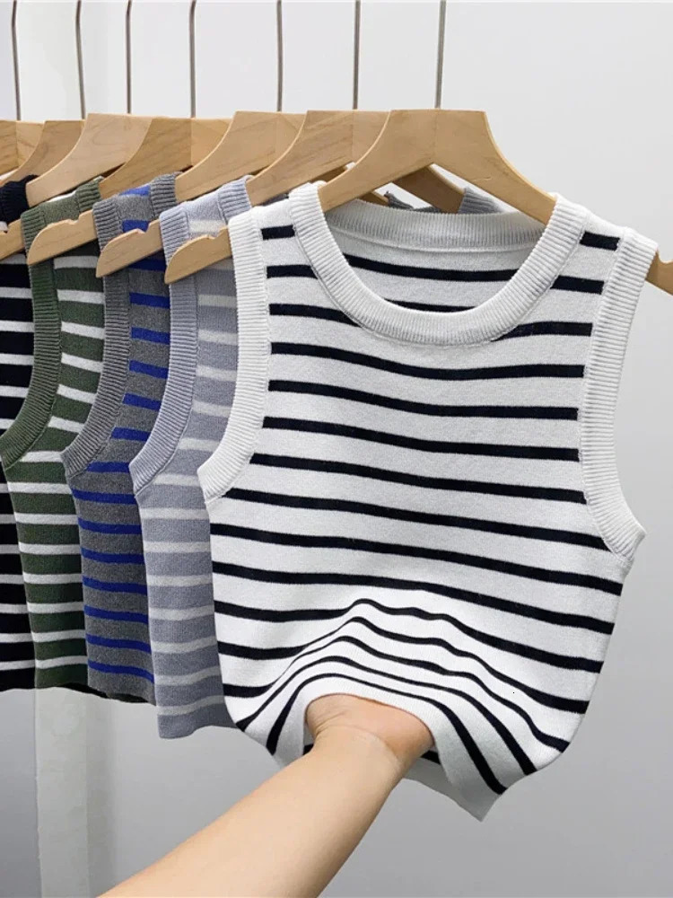 2025 Summer Spring Striped Vest Womens Sleeveless Knitted Tshirt Crop Top Elastic Ultra Thin Casual Zipper 250403e