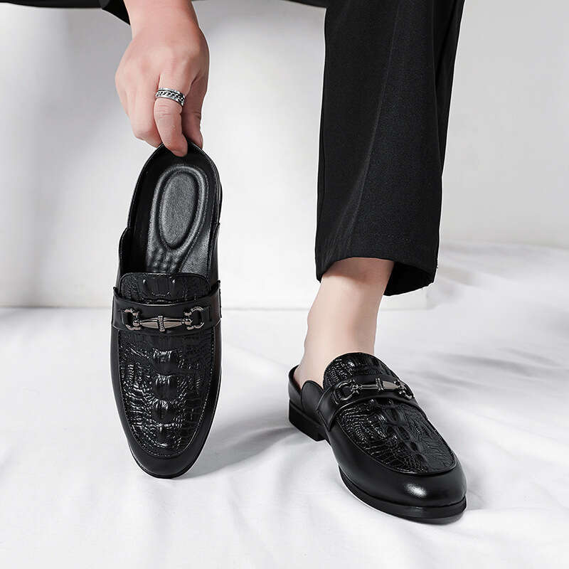 Large men's half slipper leather one foot lazy no heels, bean shoes, Le Fu casual Baotou cool slippers