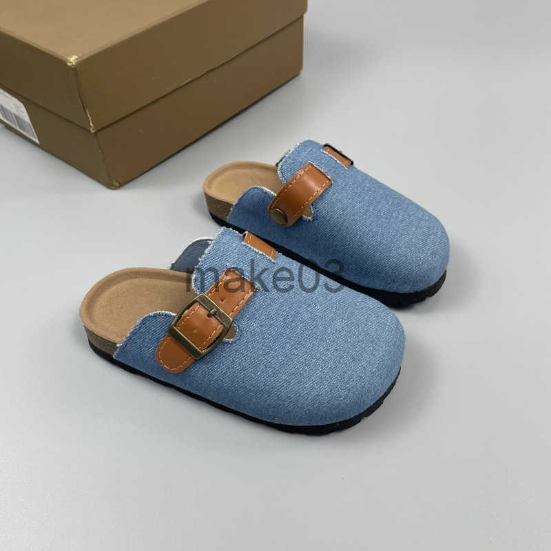 Girls half slippers for wearing outside Haken shoes denim belt buckle spring and summer new style soft soled childrens toe cap mop J250403