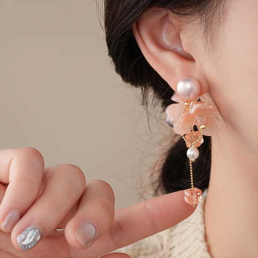 2025 New Arrival Sweet Pink Flower Tassel Pearl Dangle Earrings For Women Fashion Elegant Crystal Geometry Jewelry Gifts Y250401