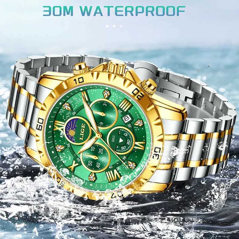 LIGE New 24 Hour Moon Phase Men Watch Fashion Business Watch Men Top Brand Luxury Luminous Waterproof Quartz Chronograph MaleW251104