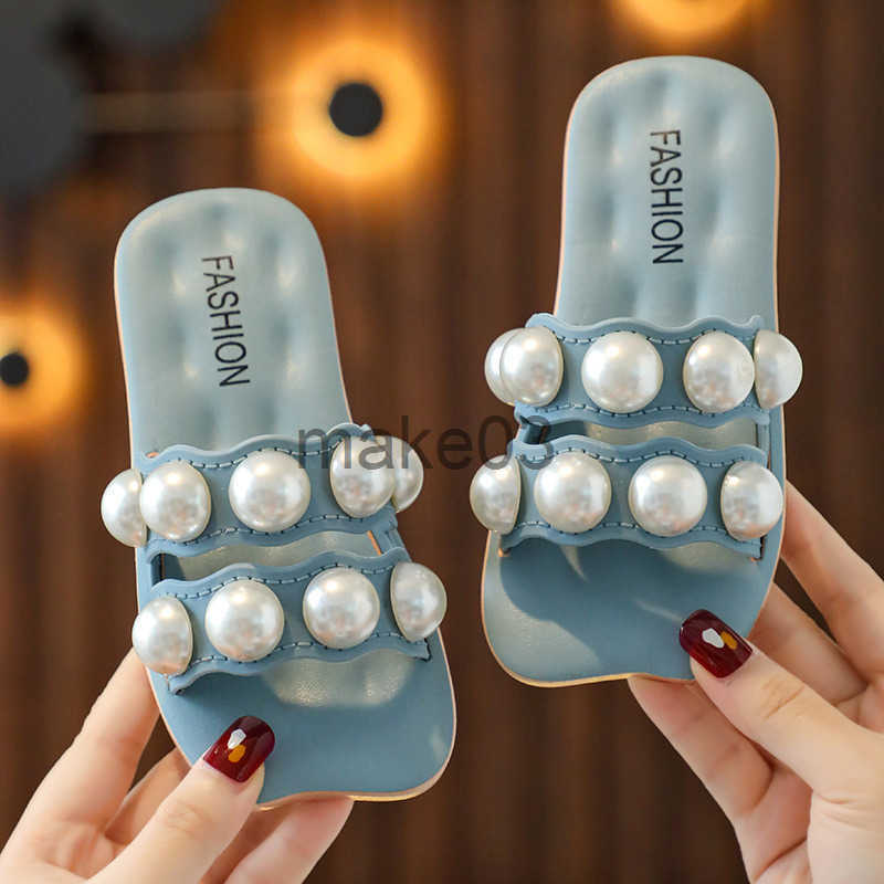 Korean version parent-child slippers girls sandals fashionable and versatile big pearl sweet and soft bottom household and home four season slippers J