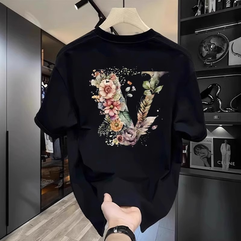 Free shipping new summer short sleeve men's cotton fashion printed pattern T-shirt trend all casual round neck T-shirt men plus size black white