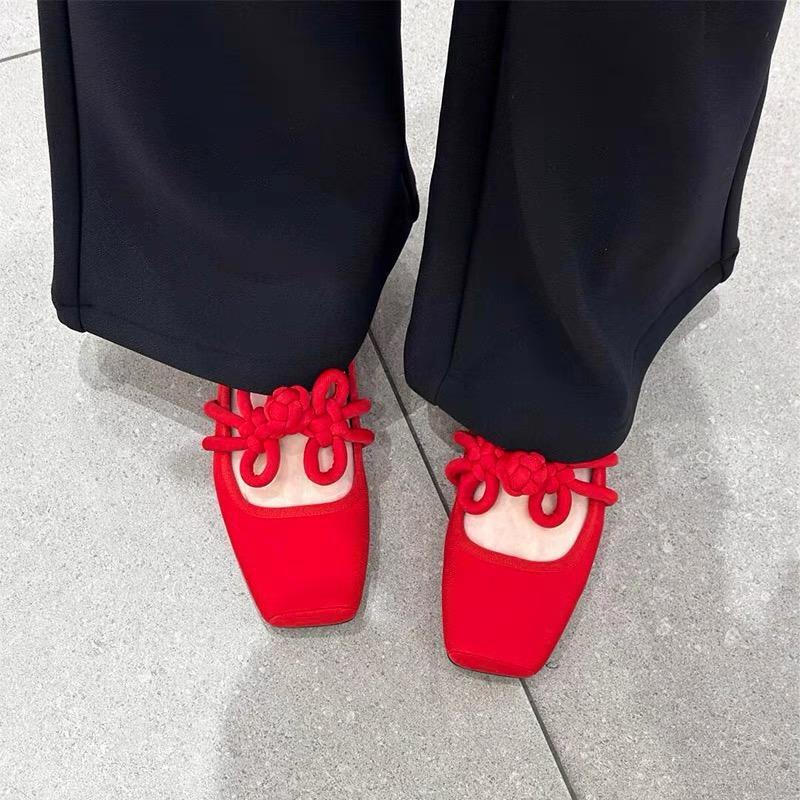 Sheepskin Edition Square Head Little Red Shoes New Chinese Retro Chinese Knot Flat Flat Single Shoes Women's Shallow Mouth Ballet Mary Jane Shoes