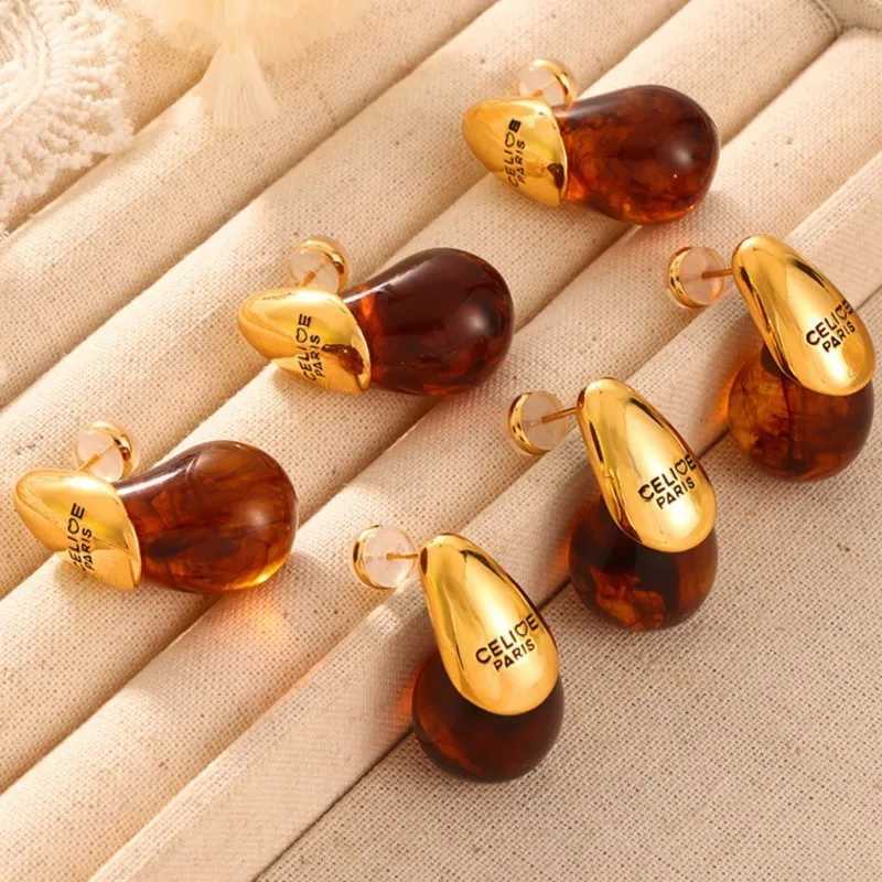 Womens Water Drop Stud Earrings Stainless Steel 18K Gold Plated Waterproof Brown Resin Womens Earrings Tears Earrings Cuff Girls Y250401