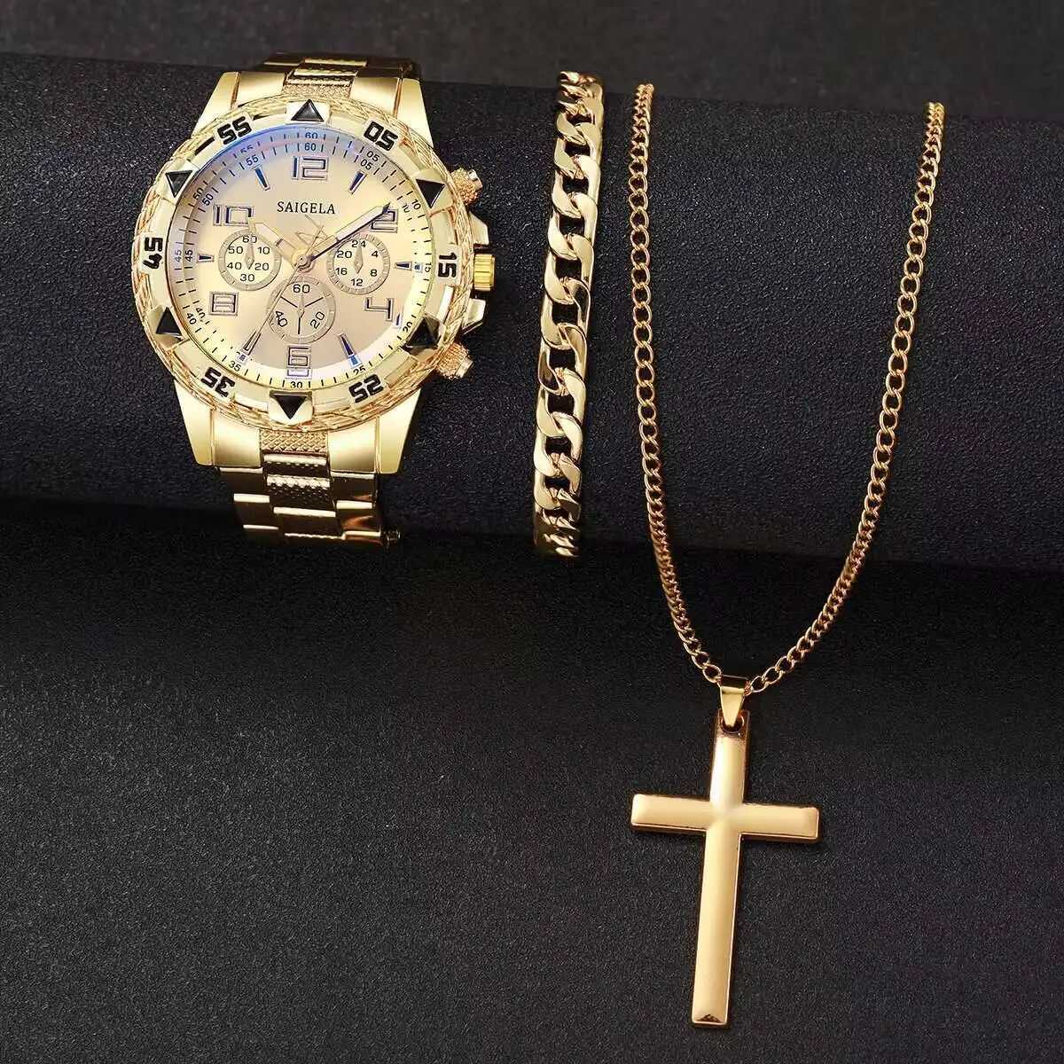 3PCS/Set Fashion Mens Quartz Watch Luxury Large Dial Men Business Watches Necklace Bracelet Set Reloj HombreWithout BoxW251104