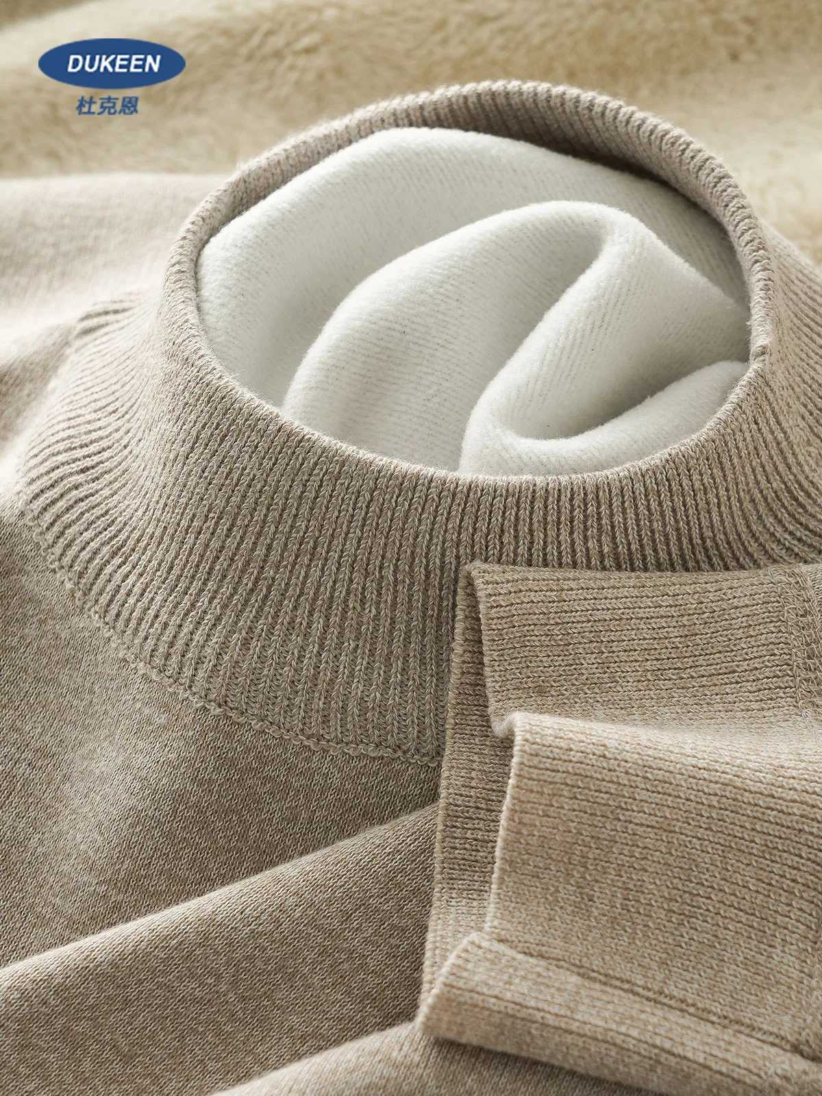 DUKEEN Mens Mock Neck Sweaters Winter Fleece-Lined Thick Warm Pullovers Solid Color Crew Neck Sweater KnitwearT251103