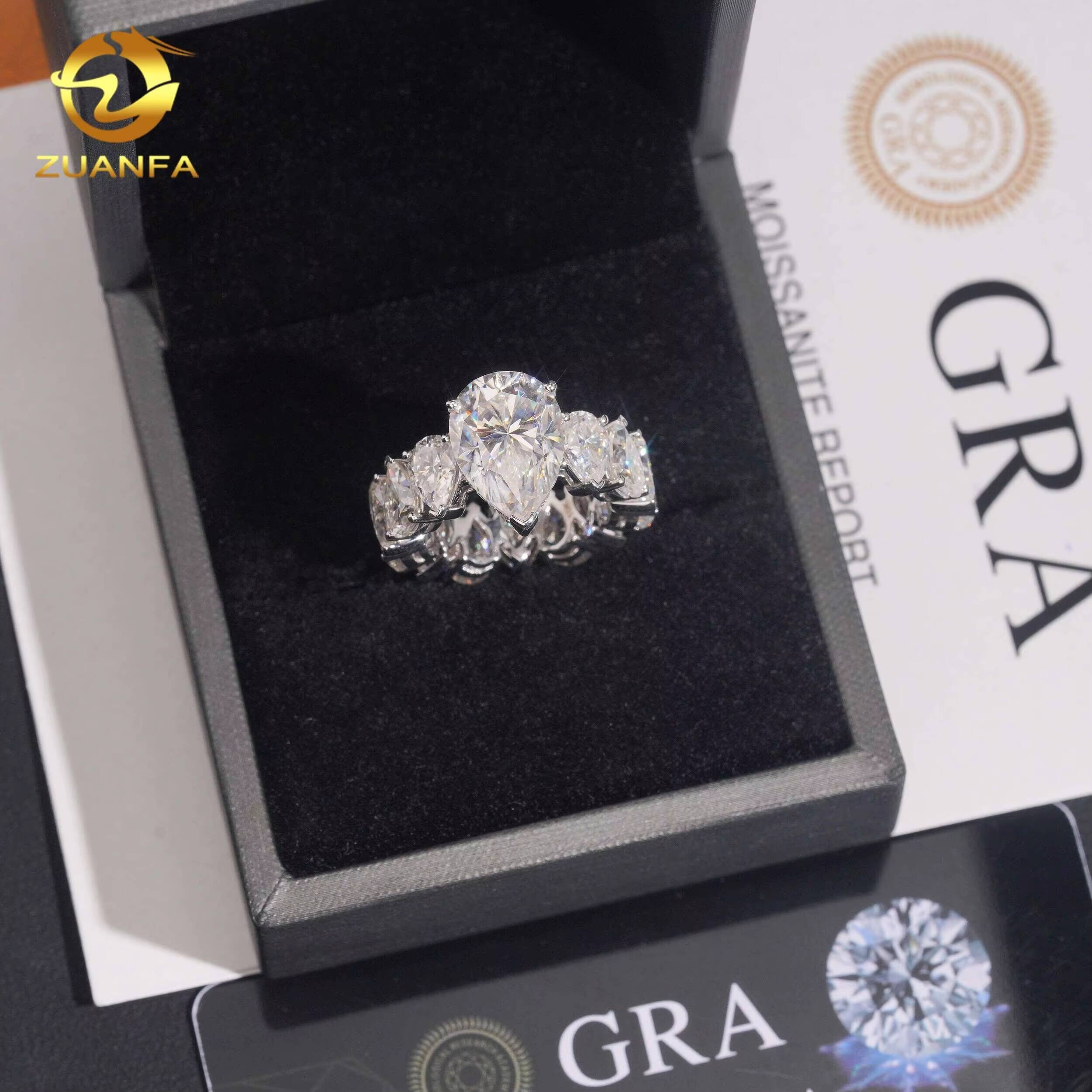 Top Quality GRA Certificated 10k Real Gold Full Eternity Hip Hop Pear Cut VVS Moissanite Ring