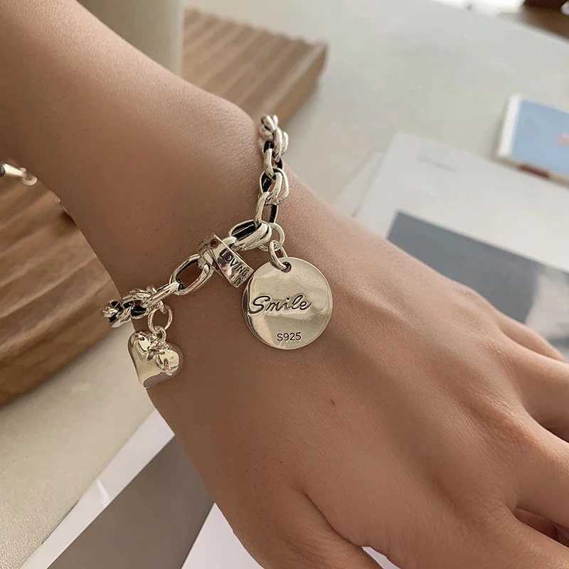 Ventilate 925 sterling silver Thai silver bracelet for women retro geometric heart love luck punk jewelry 2023 new straight chain Y250329