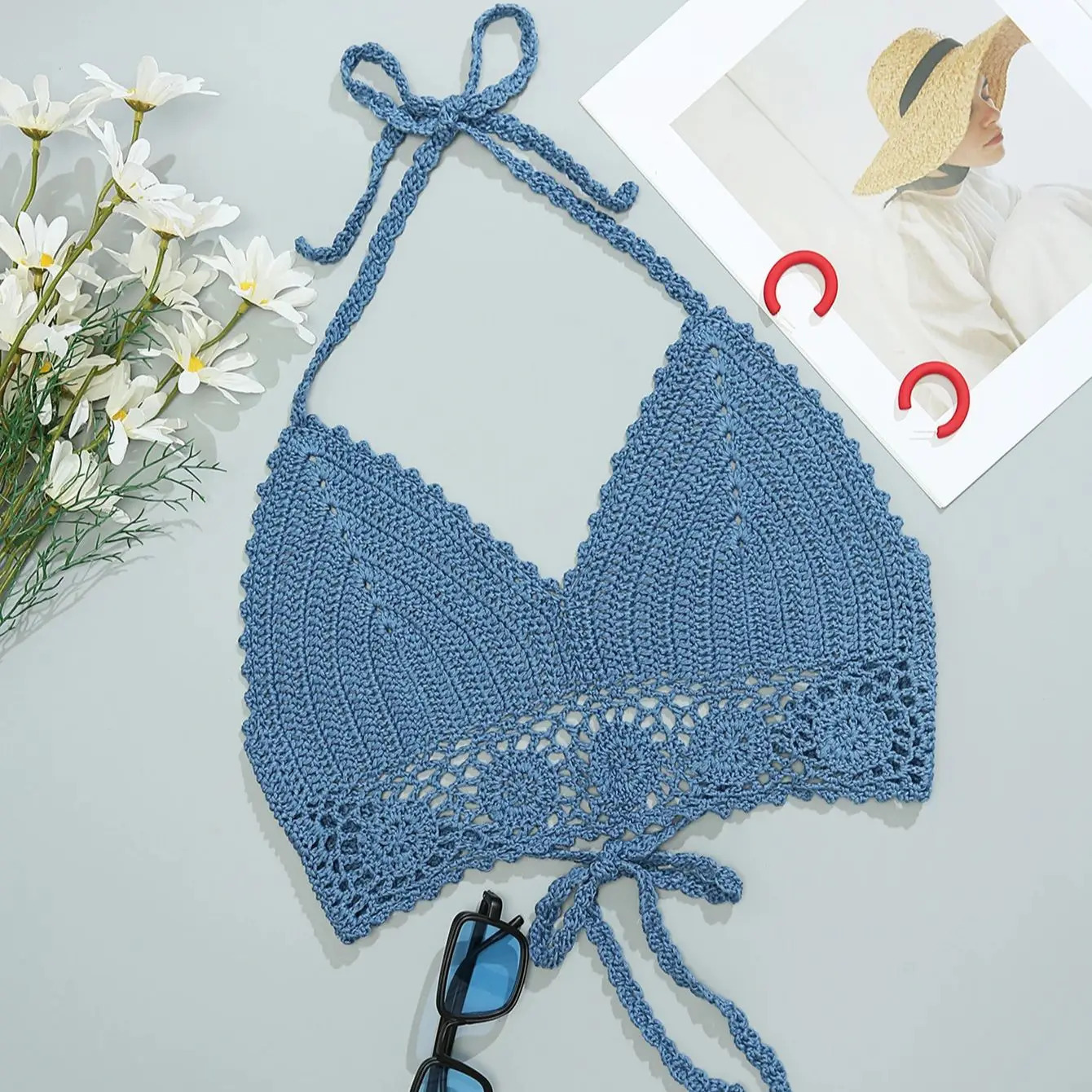 Handmade crocheted hollow bikini beachwear womens beach vacation lace up swimsuit solid color sunbathing suit 250324Z