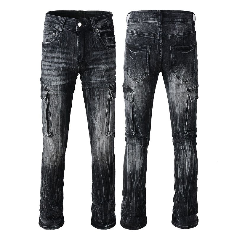 Street multi pocket jeans men's slim fit elastic trendy brand denim micro flared pants men 9314