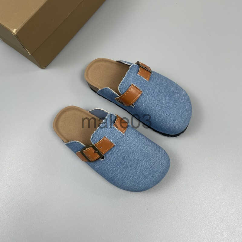 Girls half slippers for wearing outside Haken shoes denim belt buckle spring and summer new style soft soled childrens toe cap mop J250403