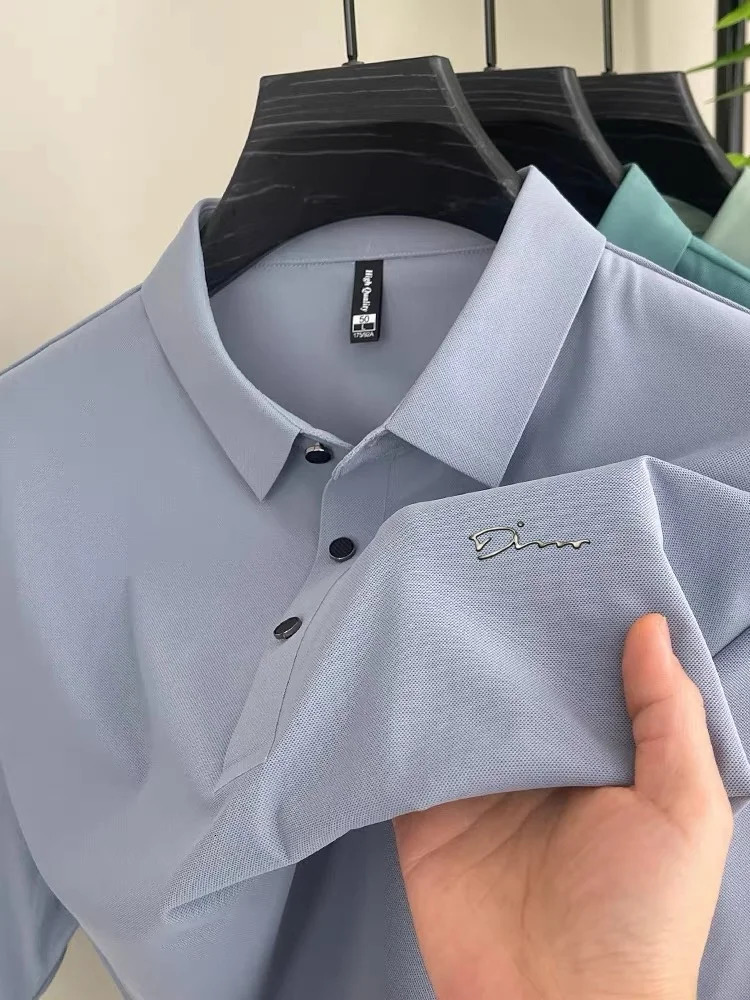 Boutique Short sleeved Mens Polo Shirt Summer Fashion Ice Silk Elastic Top Comfortable Business T-shirt 250402