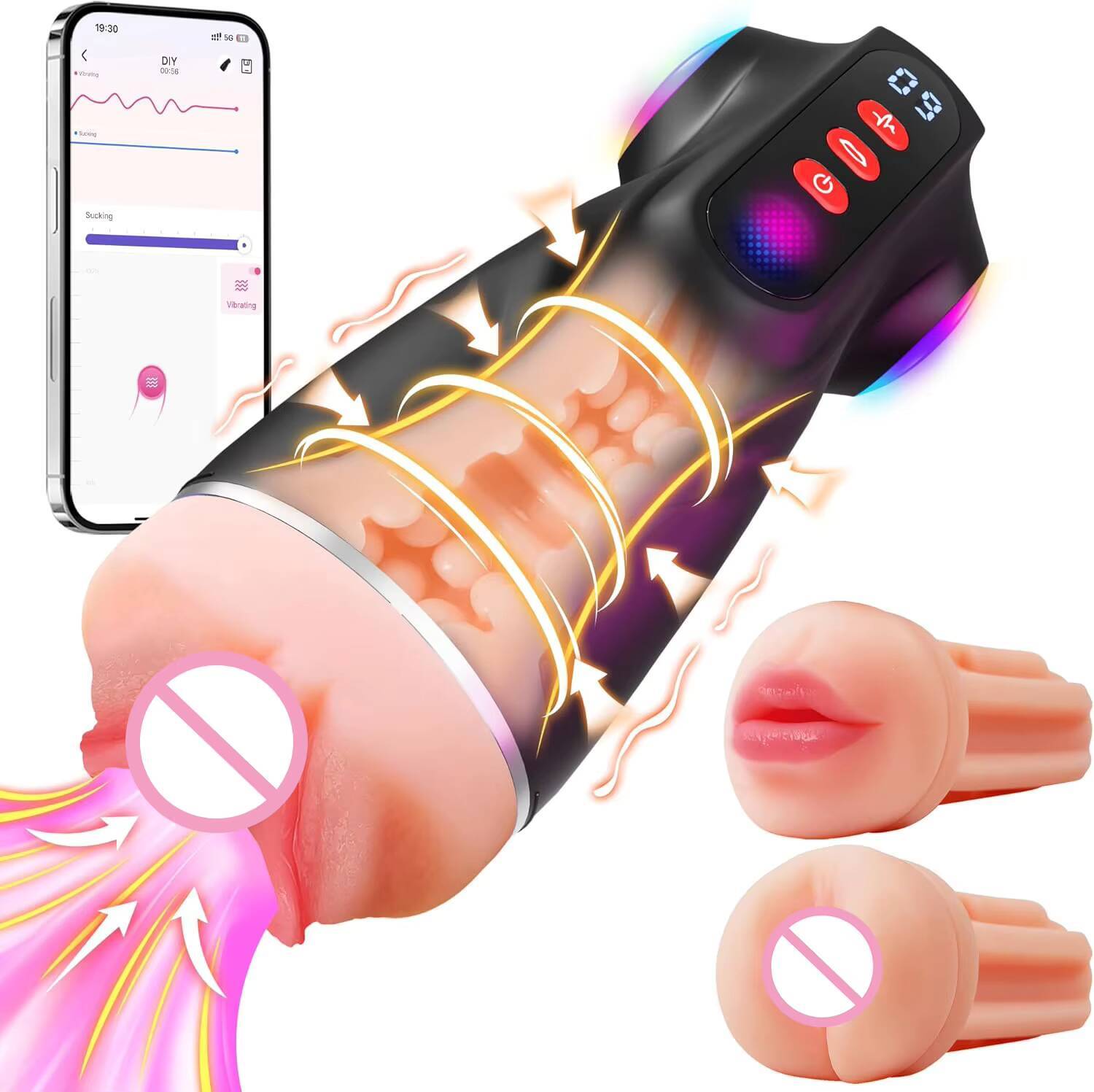 APP Controlled Mens Sex Toy 9 Sucking 9 Vibration 3D Texture Soft Sleeve Heating Pocket Adult Male Masturbator with LCD Display
