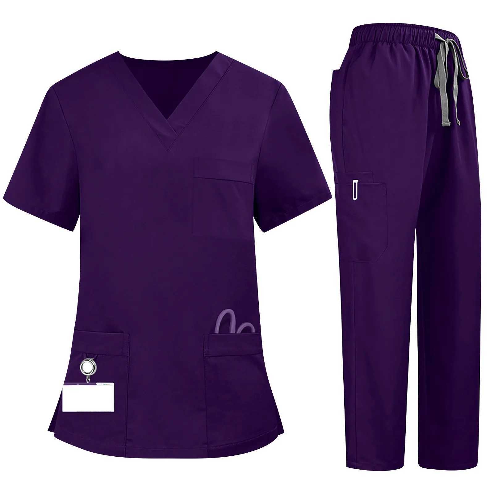 Plus Size WomenS Nurse Uniform QuickDrying Fabric Solid Color VNeck Pocket ShortSleeved Trousers Suit Nursing Uniform Suit J251103