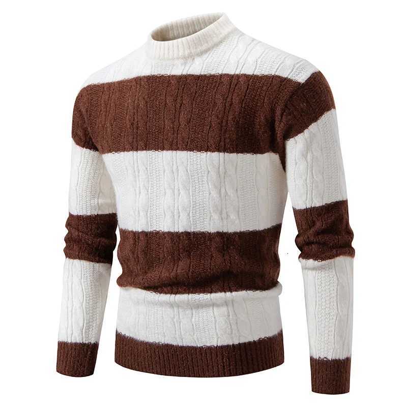 New Patchwork Mock Neck Knitting Sweater Men Fashion Striped Casual Knitted Pullovers Mens Autumn Winter Comfortable KnitwearT251103