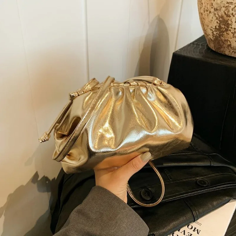 Small Womens Soft PU Leather Gold Silver Cloud Hobo Bag Elegant Dressy Handbag Ruched Dumpling Party Clutch Purse 251029