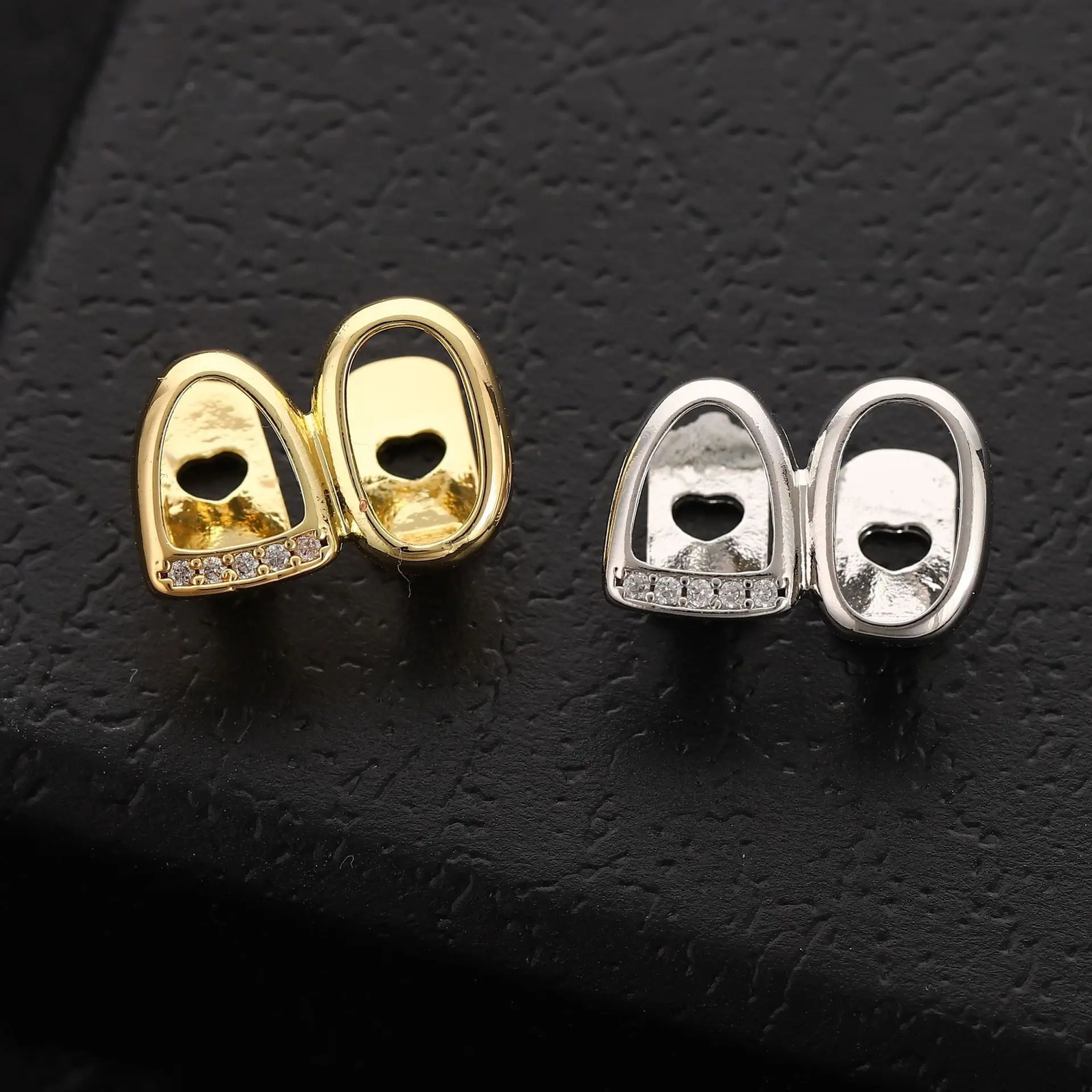 2 Hollow Style Bling Iced Out Teeth Hip Hop Top Bottom Grills Dental Mouth Punk Teeth Caps Cosplay Party TG135 250402