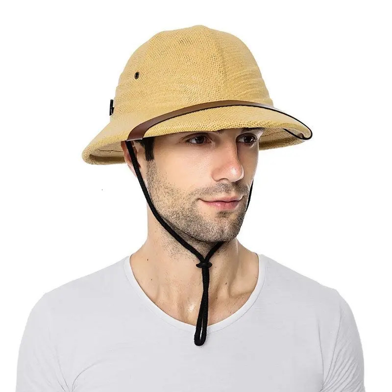 100% Straw Helmet Pith Sun Summer Vieam War Army Hat Dad Boater Bucket Hats Safari Jungle Miners Cap -Fishing Hiking Gard 250326