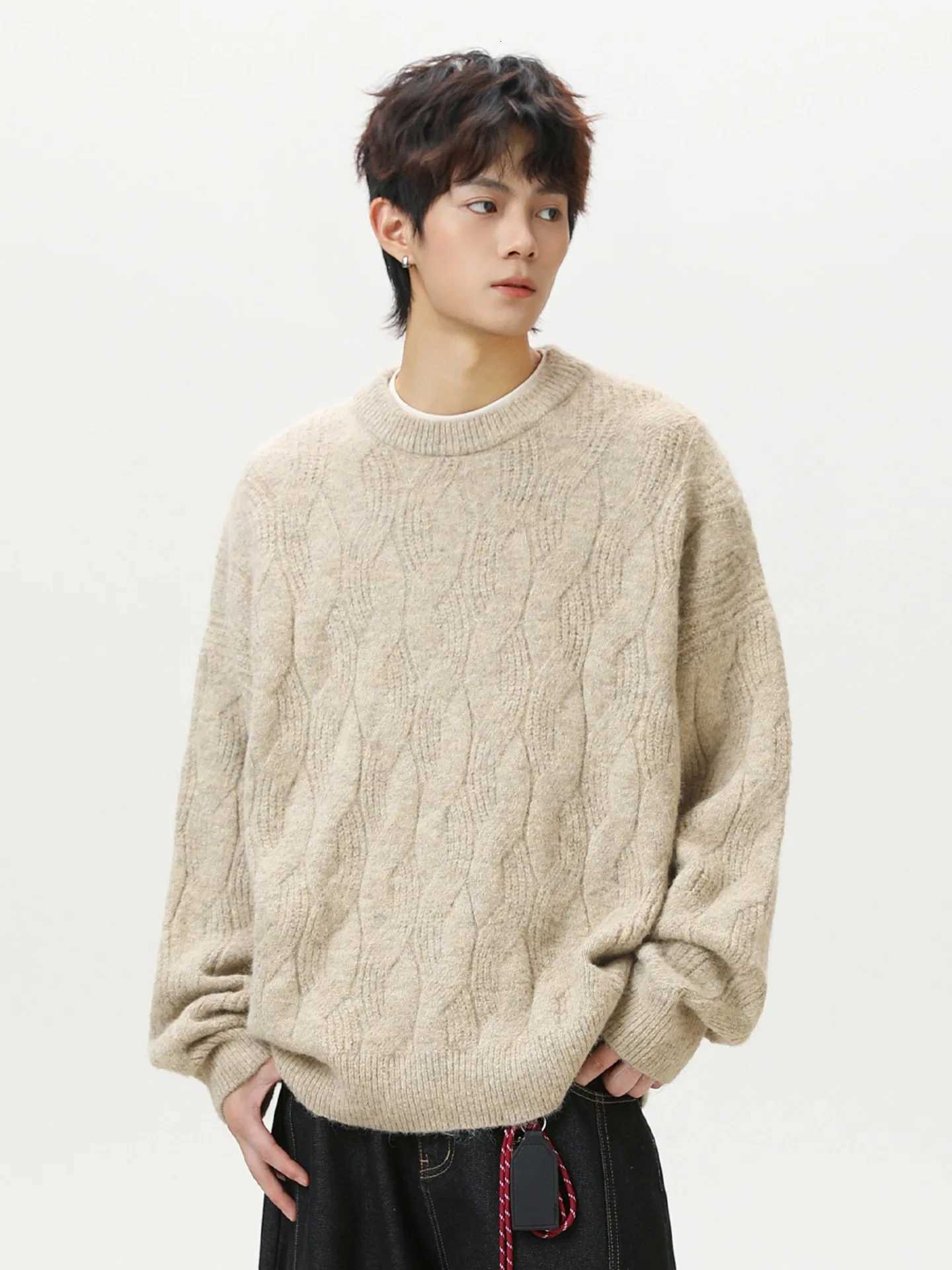 Thickened Mohair Solid-Colour Crew Neck Sweater Top Men Autumn Winter Cable-Knit Textured Knitwear Retro Oversized CardiganT251103