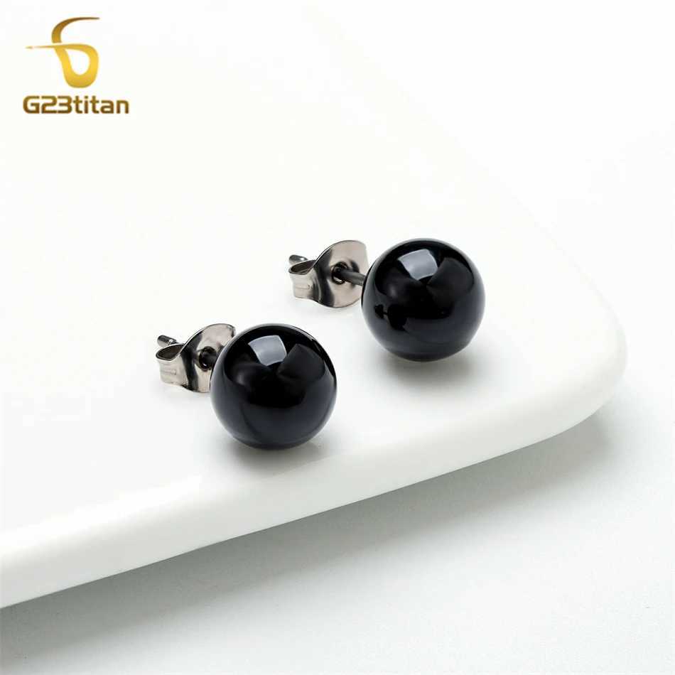 Black Agate Stone Stud Earrings for Women Mens Medical G23 Titanium Piercing Jewelry Simple Round Onyx Ball Ear Lobe Accessories C251103